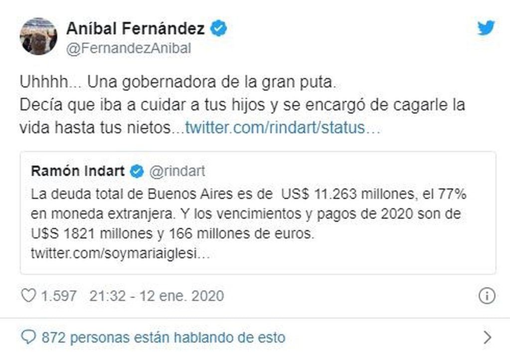 Aníbal Fernández  arremetió contra María Eugenia Vidal por la deuda de la provincia