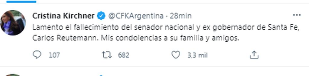 Cristina Fernández se despidió de Carlos Reutemann a través de sus redes sociales.