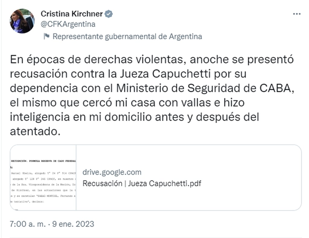 La recusación de Cristina Kirchner a la jueza Capuchetti.