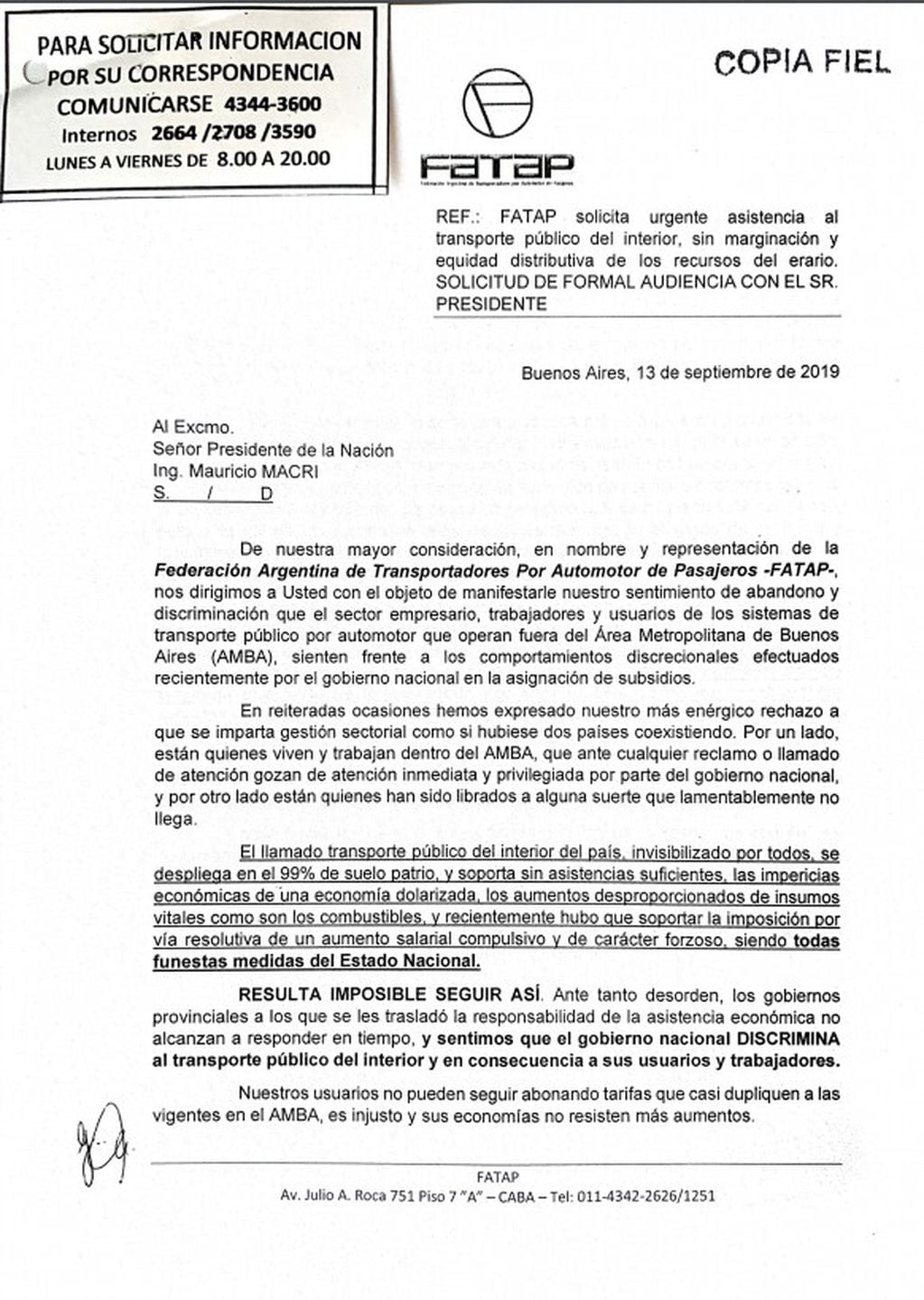 Carta enviada al presidente Mauricio Macri desde FATAP.