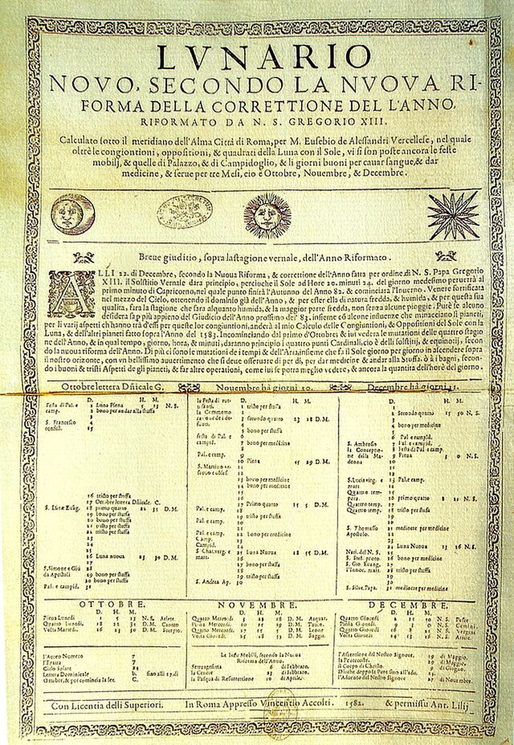 El Lunario del Vaticano y la información del acerca de la reforma del calendario Juliano por orden del Papa Gregorio XIII / foto Wikimedia Commons