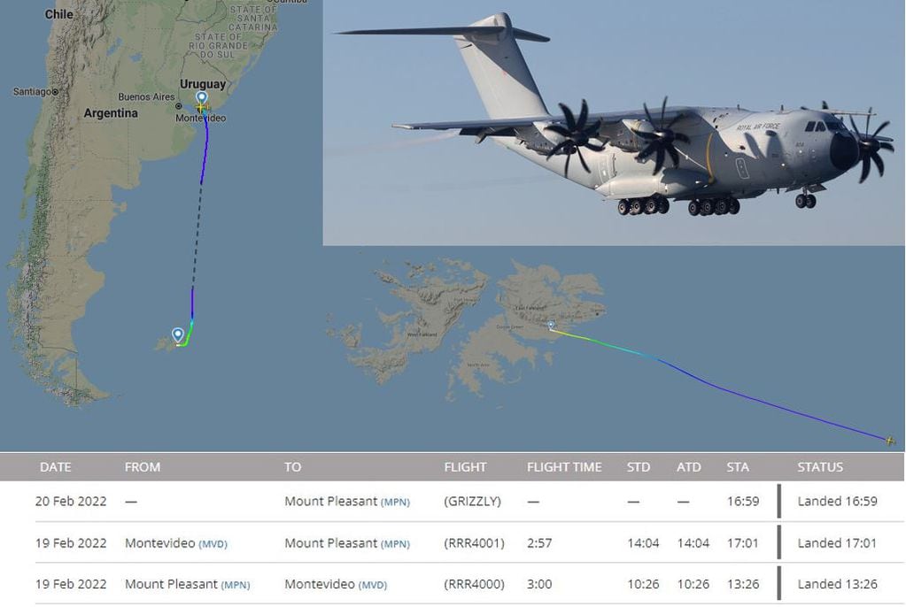 Vuelos del avión militar A400M de la Real Fuerza Aérea. En la imagen se puede ver la trayectoria del avión desde Malvinas a Uruguay y despliegue al sudeste de las islas.