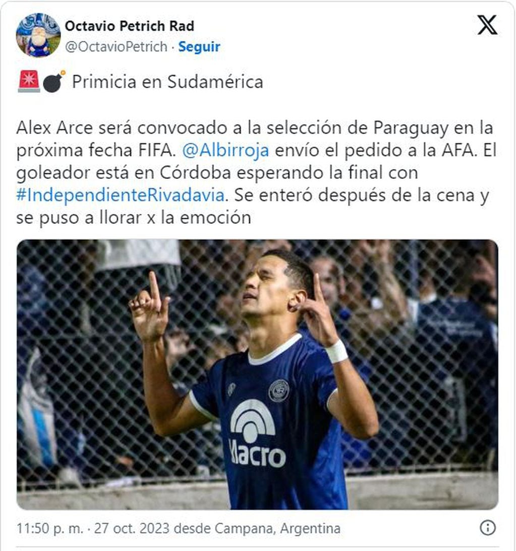 La noticia de Arce posible convocado para la Selección Paraguaya en redes sociales.