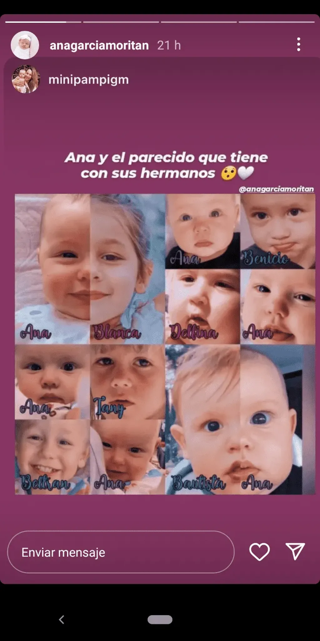 El collage que compara el parecido entre los hijos de Pampita y Roberto García Moritán con Ana.