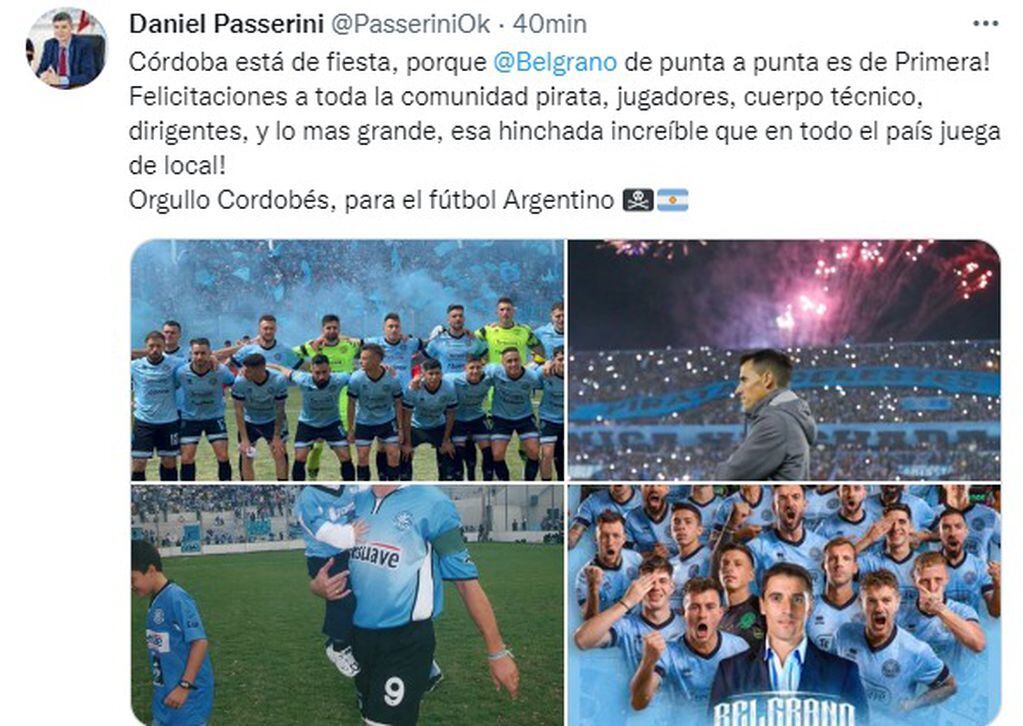 Daniel Passerini, viceintendente de Córdoba, se sumó a los saludos para Belgrano.