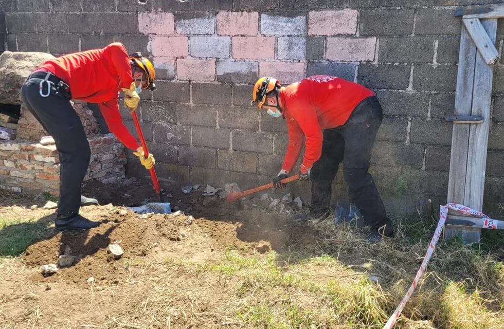 Bomberos trabajando en una vivienda de Berrotarán con la ayuda de su perro rastreador. (MPF)