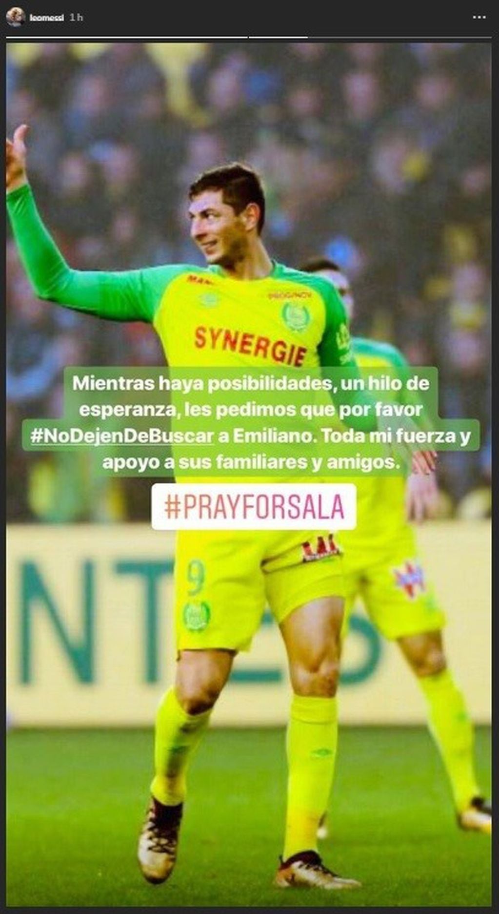 Como tantos otros referentes del fútbol mundial, Messi se sumó a la cruzada para que no cese la búsqueda de Emiliano Sala. (Instagram)