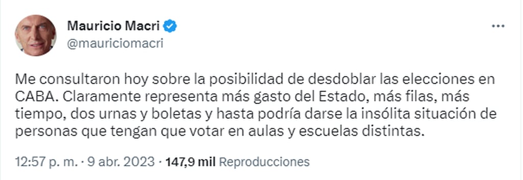 Mauricio Macri sobre el desdoblamiento de los comicios en CABA.