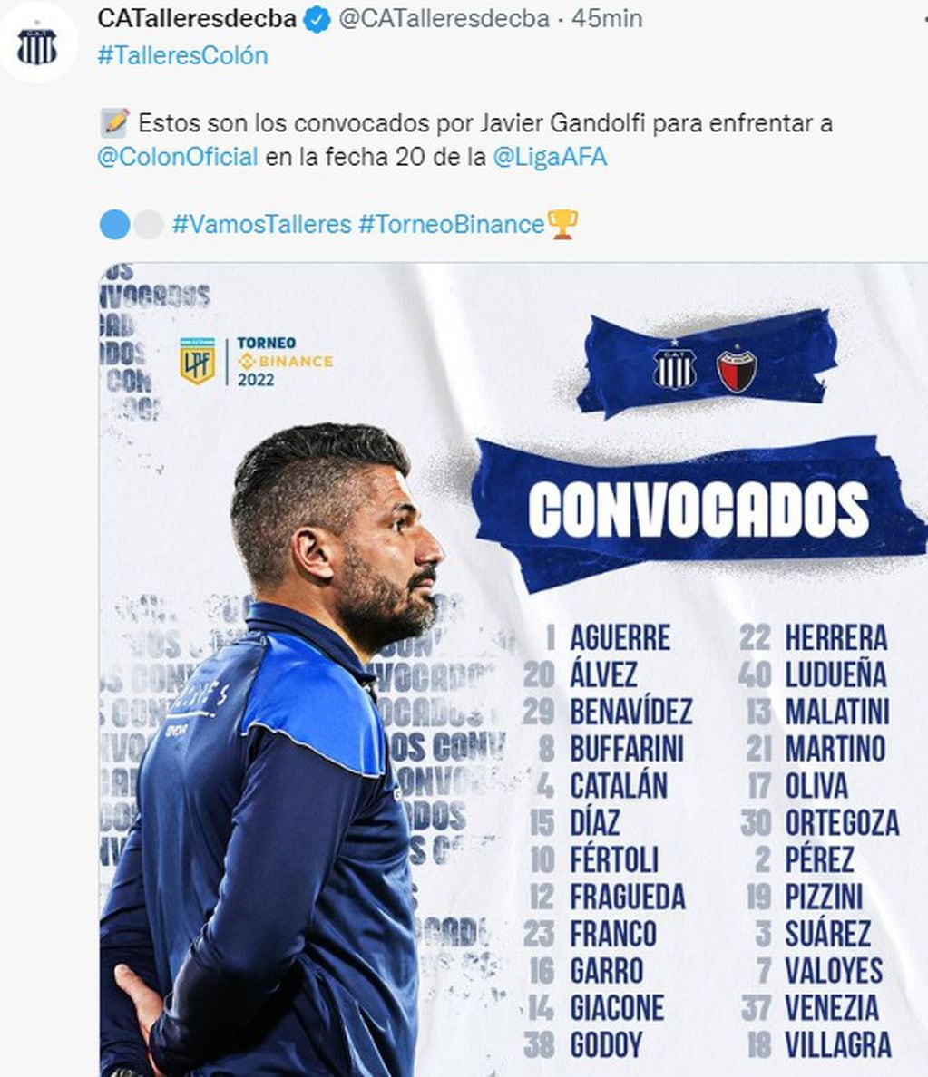Javier Gandolfi y la lista de concentrados de Talleres, otra vez sin Michael Santos y Favio Álvarez.