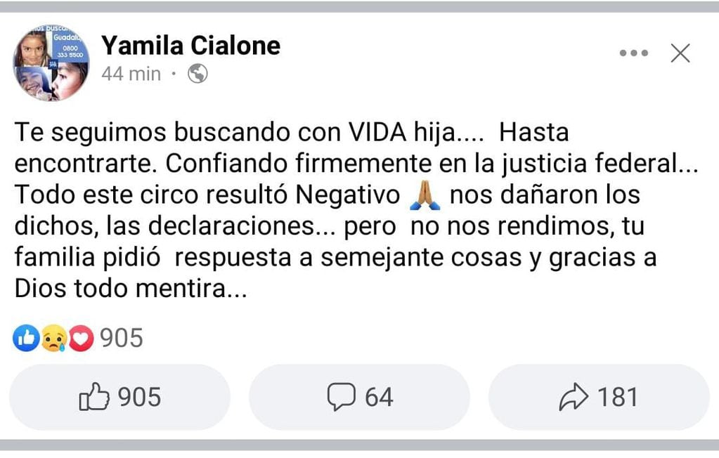 La publicación de Yamila Cialone, madre de Guadalupe.