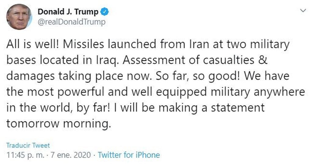 Donald Trump tras el ataque de Irán a bases militares estadounidenses: "¡Todo está bien!"