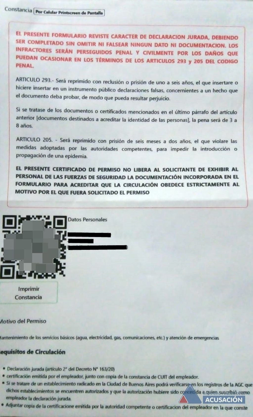El MPA difundió imágenes de los certificados truchos. (MPA)