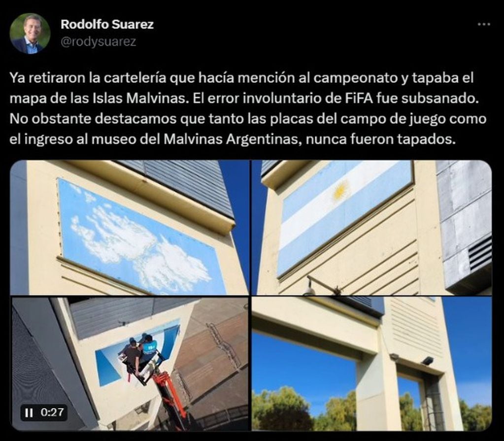 Tras la polémica, Rodolfo Suárez pidió que se destape la imagen de las Malvinas en el estadio mendocino