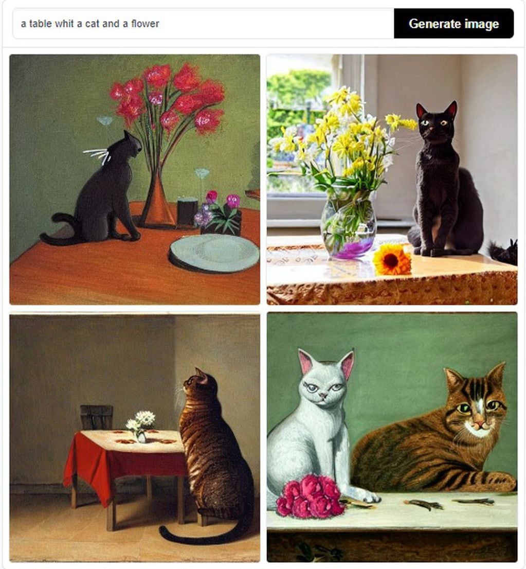 Estas cuatro imágenes brinda la inteligencia artificial cuando se le pide "un dibujo de una mesa con un gato y una flor"