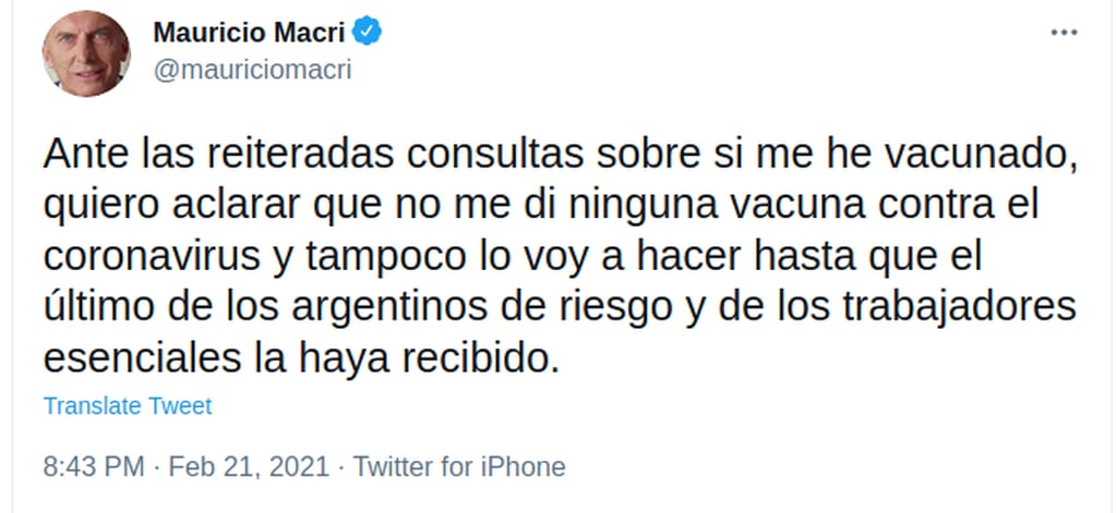 Tuit de Mauricio Macri