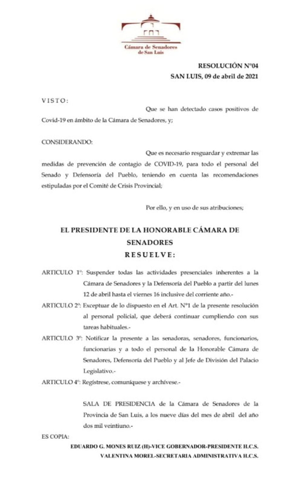 Resolución N°04 de la Cámara de Senadores de San Luis.