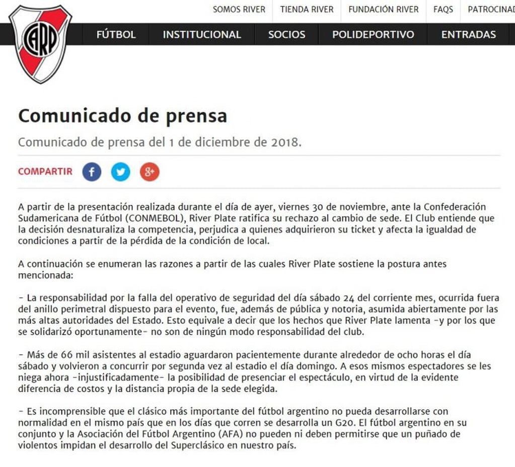 El comunicado de River en su sitio oficial