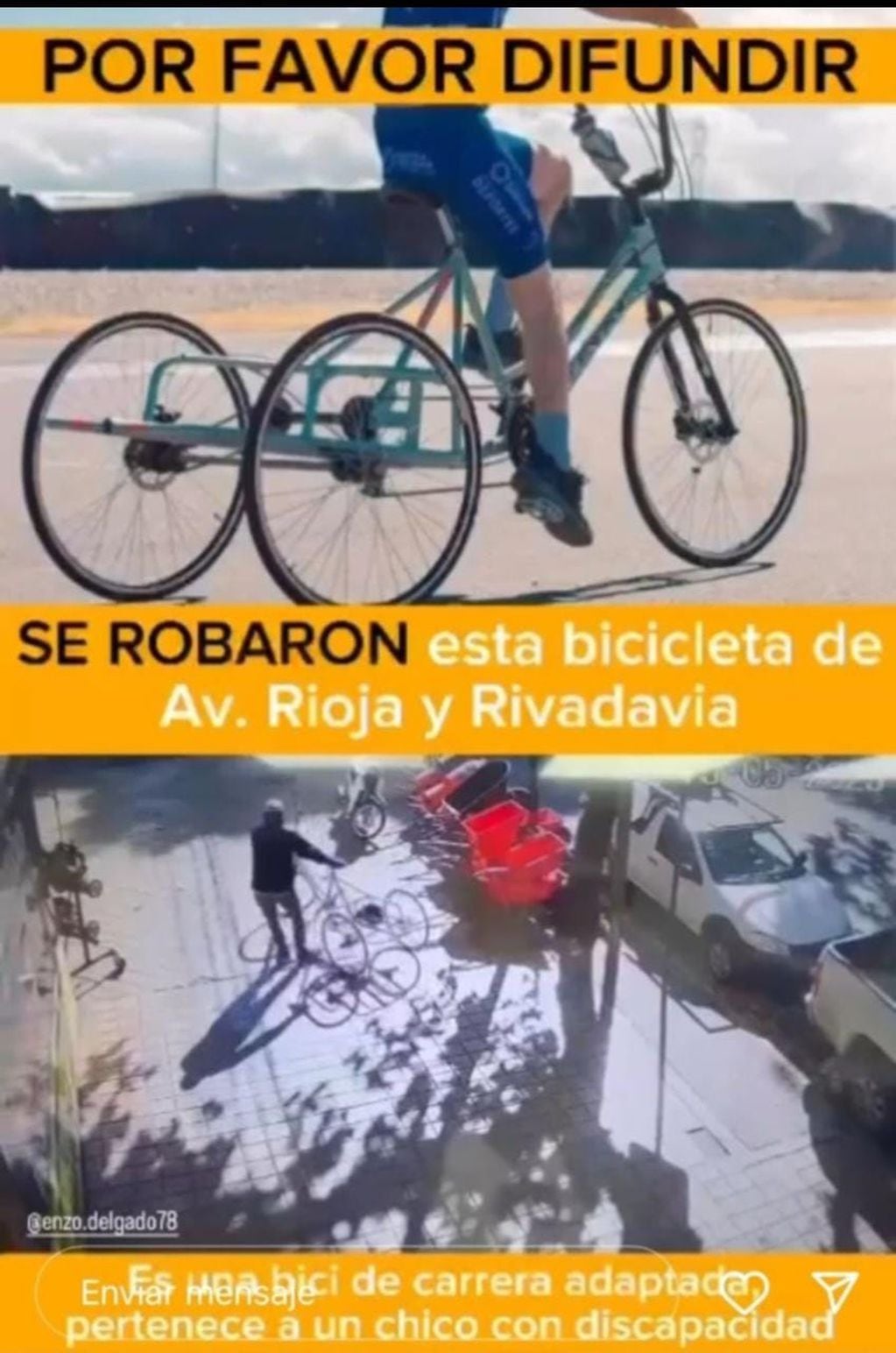 Le robaron la bicicleta adaptada a un campeón sanjuanino y pide ayuda por las redes para recuperarla