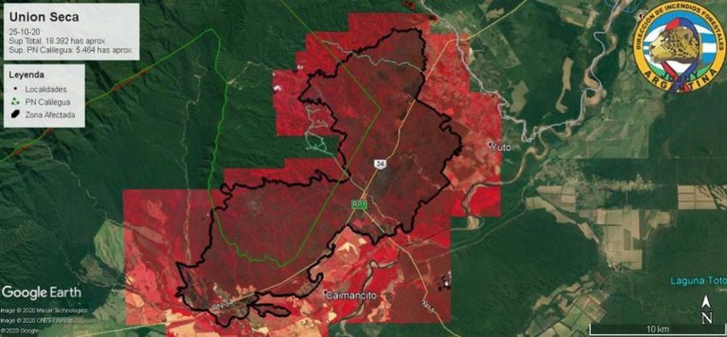 La línea de color negro muestra la superficie total afectada por el fuego, más de 18.000 hectáreas, en las Yungas de Jujuy.