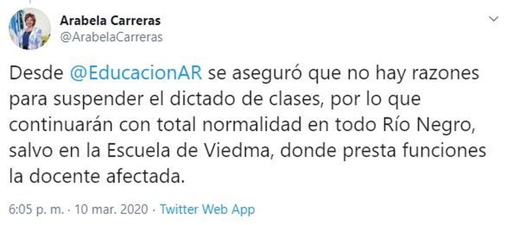Carreras descartó la posibilidad de suspender las clases en Río Negro (web).