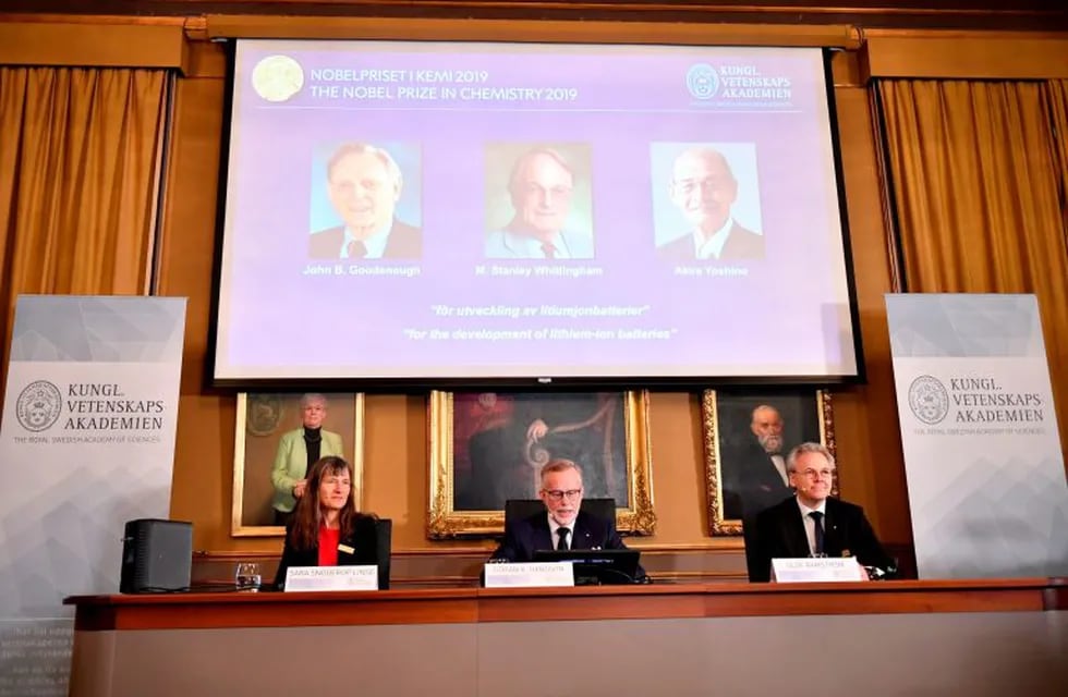 Goran K Hansson (C), Secretary General of the Royal Swedish Academy of Sciences, and academy members Sara Snogerup Linse (L) and Olof Ramstrom, announce the winners  of the 2019 Nobel Prize in Chemistry (Up L-R) John Goodenough of US, Britain's Stanley Whittingham and Japan's Akira Yoshino during a news conference at the Royal Swedish Academy of Sciences in Stockholm, Sweden, on October 9, 2019. - John Goodenough of US, Britain's Stanley Whittingham and Japan's Akira Yoshino won the 2019 Nobel Chemistry Prize for the development of lithium-ion batteries, the Royal Swedish Academy of Sciences said.\n\