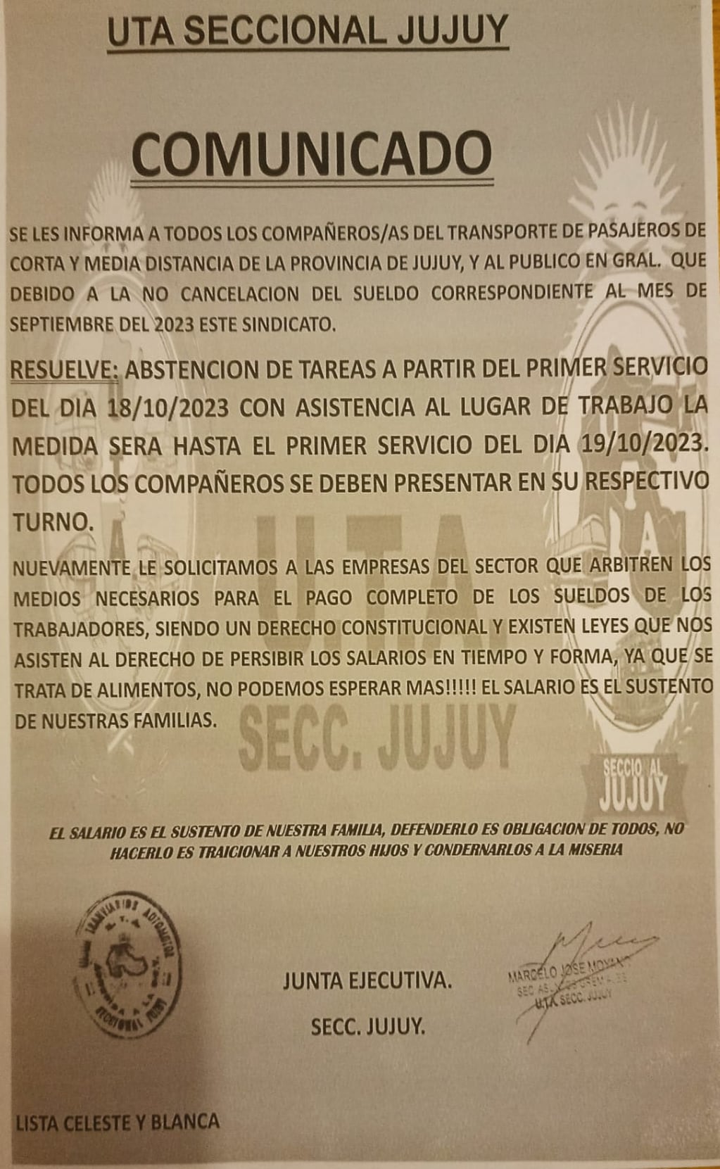 El comunicado hecho público por la dirigencia de la UTA Jujuy este martes 17 de octubre.
