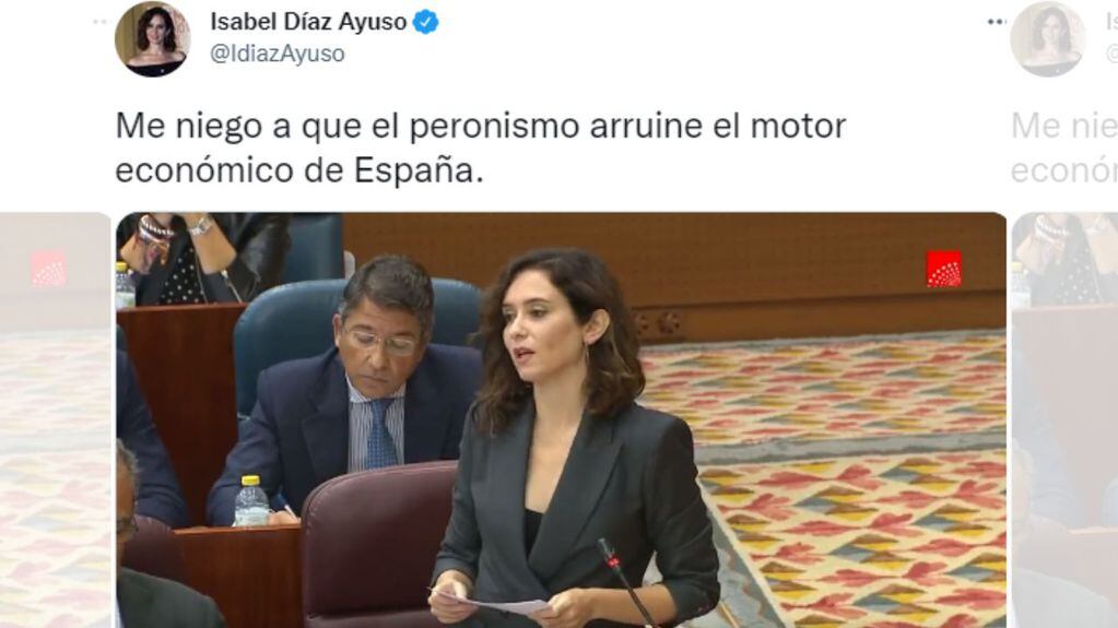 La alcaldesa de Madrid rechazó un proyecto y afirmó: “Me niego a que el peronismo arruine el motor económico de España”. / Foto: Twitter