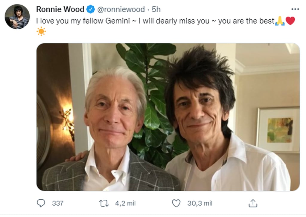 La emotiva despedida de Ronnie Wood a Charlie Watts: “Te extrañaré mucho, sos el mejor”