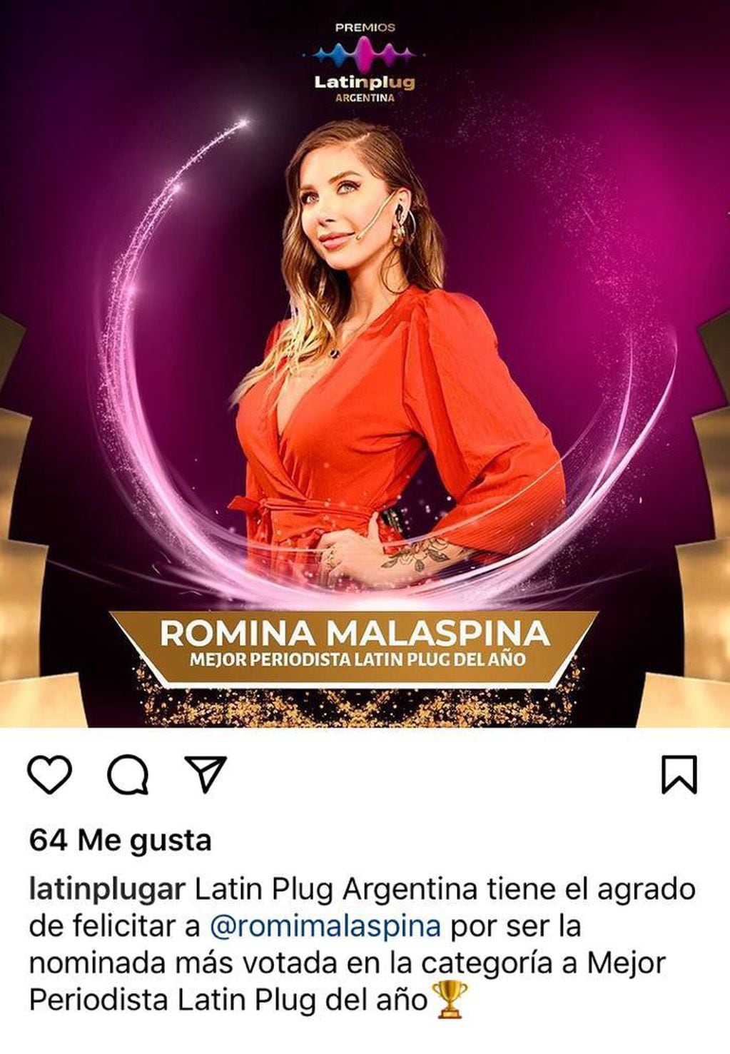 Romina Malaspina, ganadora en los premios LatinPlug. Foto: Instagram.