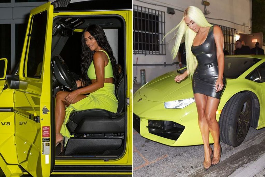Kim Kardashian se animó al verde tanto en la ropa como en el pelo.