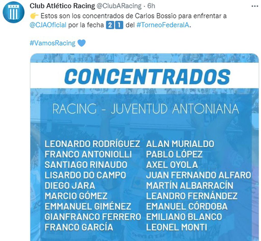 Los elegidos por Carlos Bossio para la presentación de Racing de este domingo.