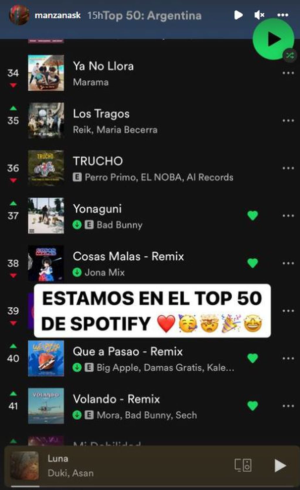 "Qué a pasao remix" en el Top 50 de Argentina en Spotify.