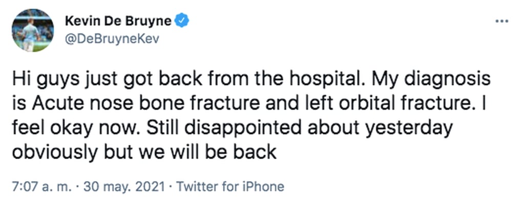 Kevin De Bruyne contó cuáles fueron sus lesiones por Twitter.