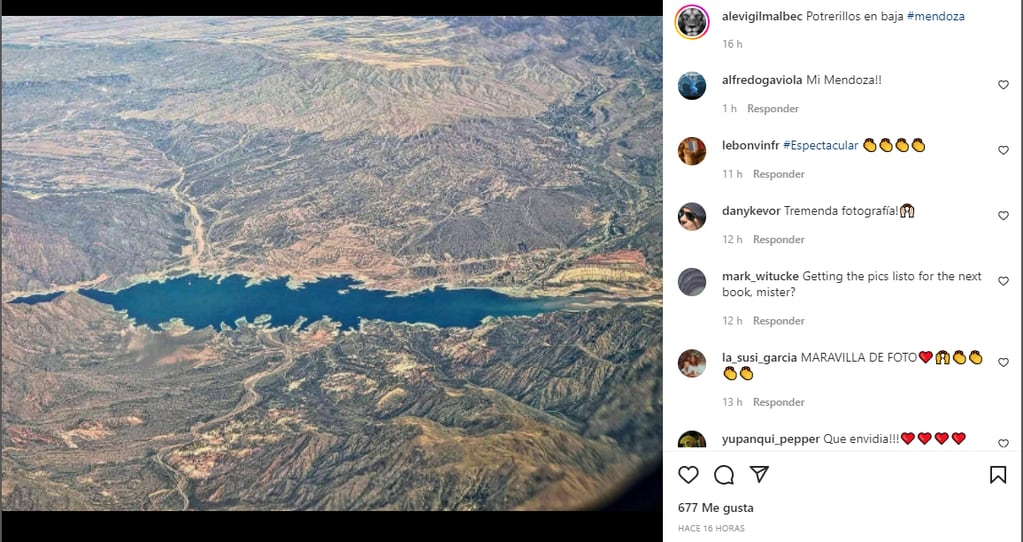 El embalse Potrerillos y el cerro Aconcagua, desde el aire, en todo su esplendor y como nunca se los vio. Foto: Instagram @alevigilmalbec