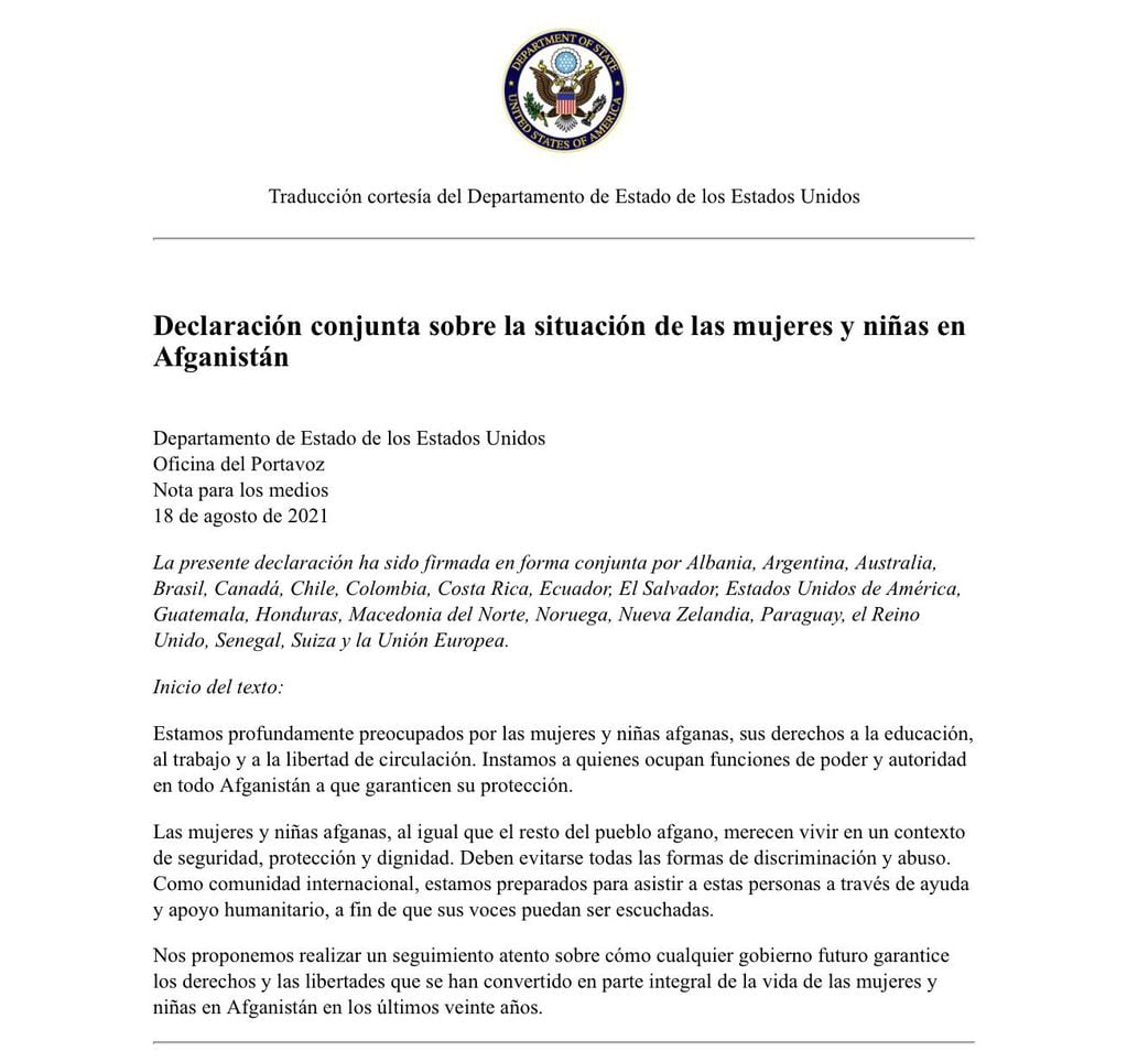 Argentina se sumó a una declaración de Estados Unidos sobre la situación de las mujeres y niñas en Afganistán.