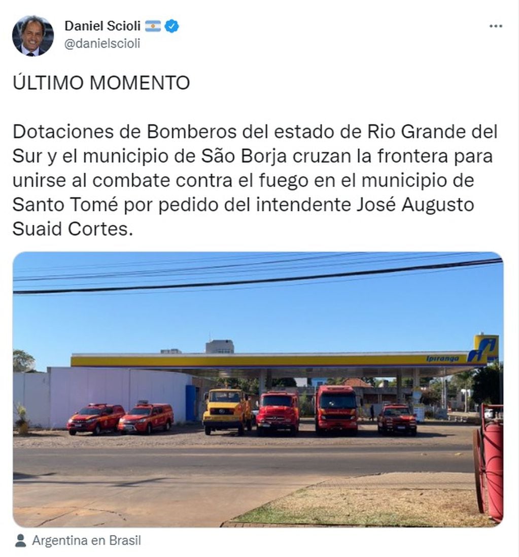 Scioli confirmó la ayuda de Brasil frente a los incendios en Corrientes