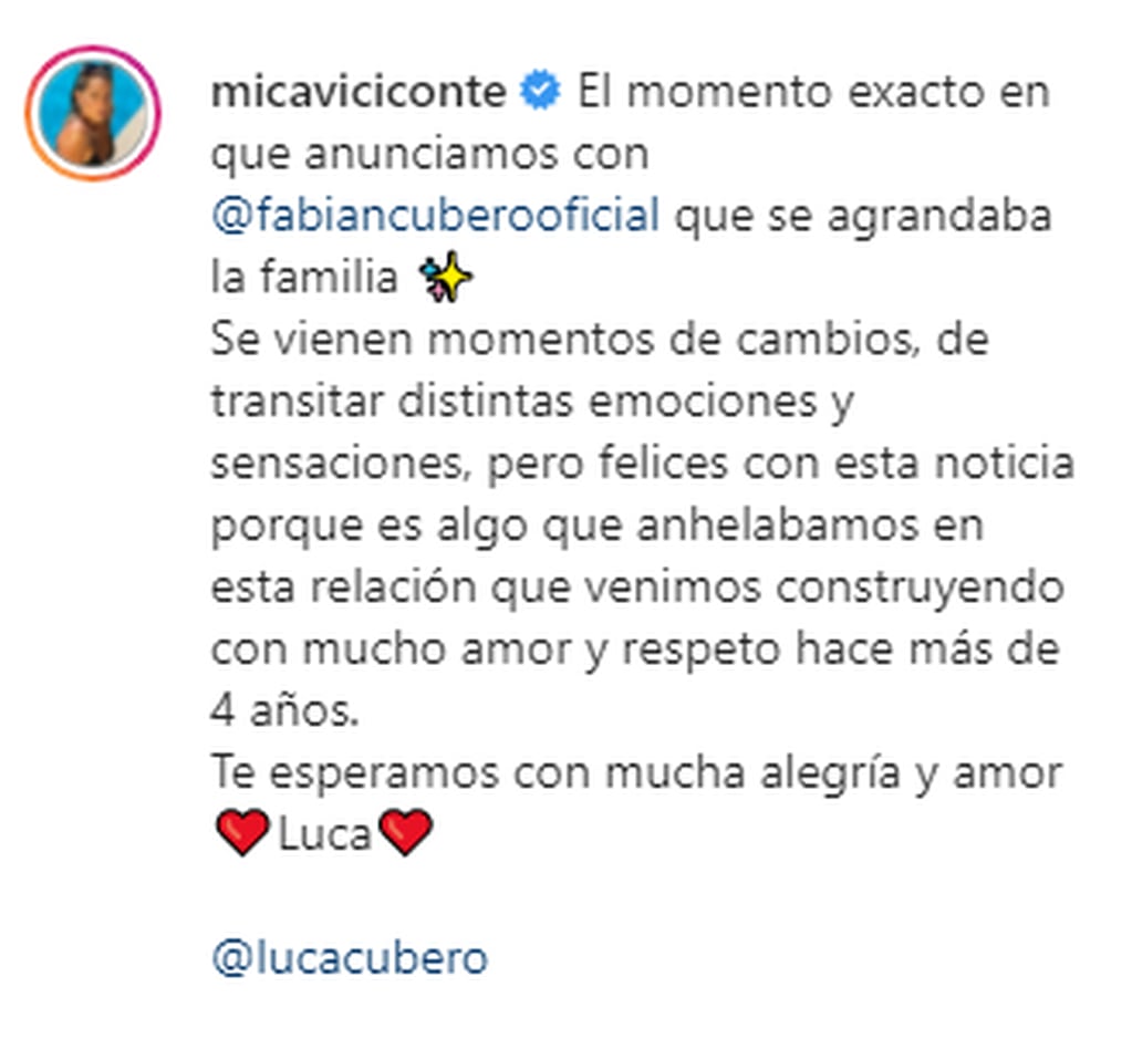 El escrito que compartió Mica Viciconte junto al video. (Foto: Instagram)