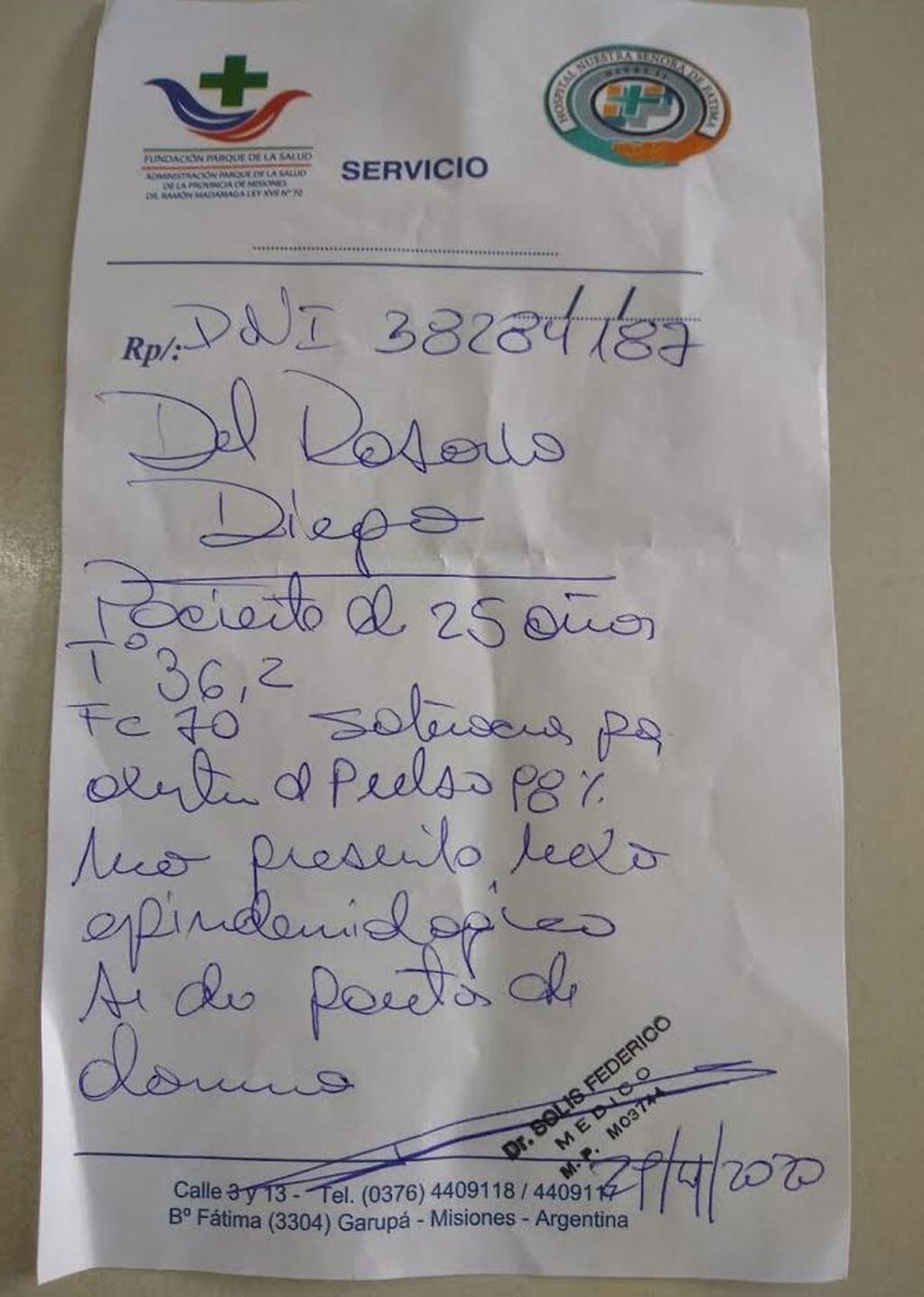 Certificado médico de un empleado municipal de Posadas, con sospecha de coronavirus. (Mun. de Posadas)