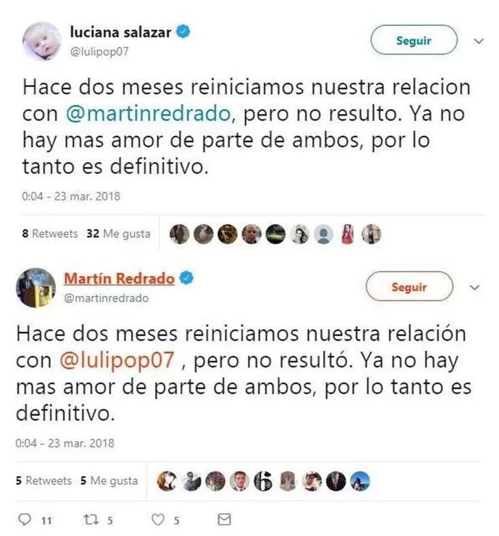 Los tuits simultáneos de Redrado y Salazar para anunciar su separación definitiva (Foto: Captura de Twitter)