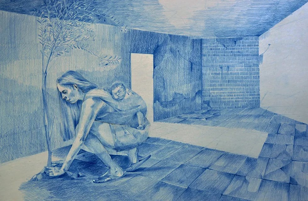 La obra Preparando el Terreno, un dibujo con técnica de lápiz azul de la artista Candela Calvin, una de las tantas que se pueden ver en la plataforma Pulsar. Gentileza Pulsar/UNCuyo