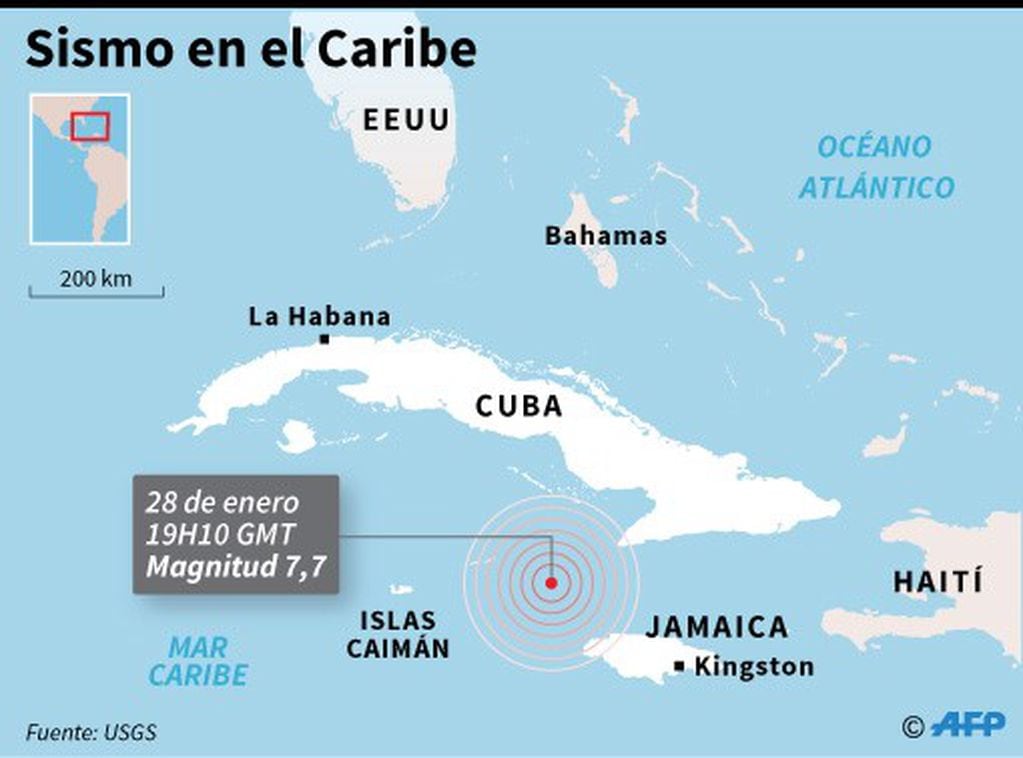Localización del sismo de magnitud 7,7 registrado este martes entre Cuba y Jamaica - AFP / AFP