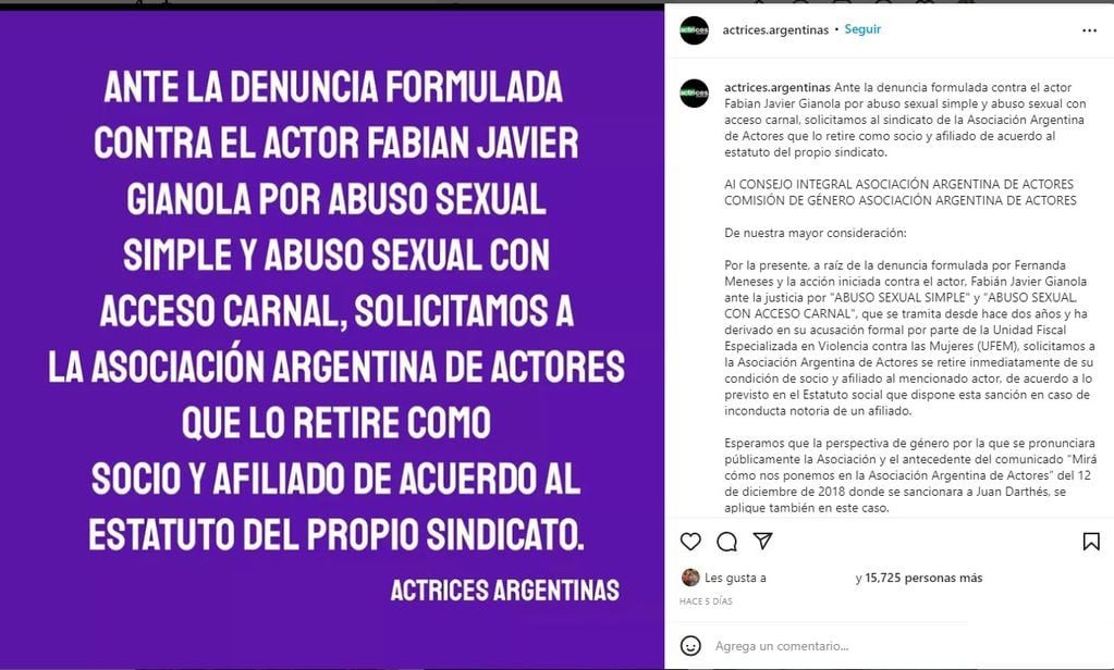 El cmunicado de Actrices Argentinas contra Fabián Gianola.