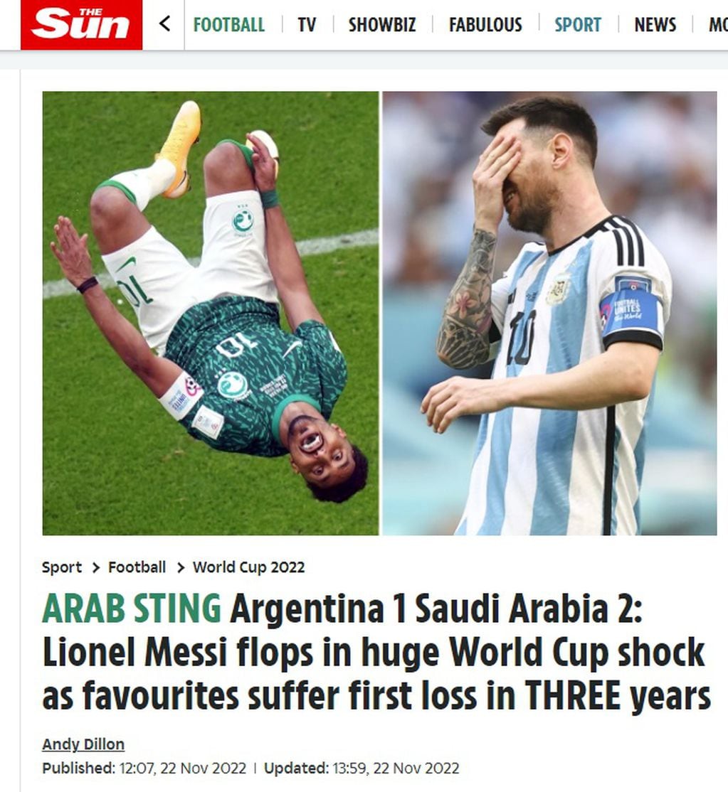 The Sun (Inglaterra) La prensa internacional reaccionó con dureza a la derrota de Argentina frente a Arabia Saudita en el Mundial de Qatar 2022