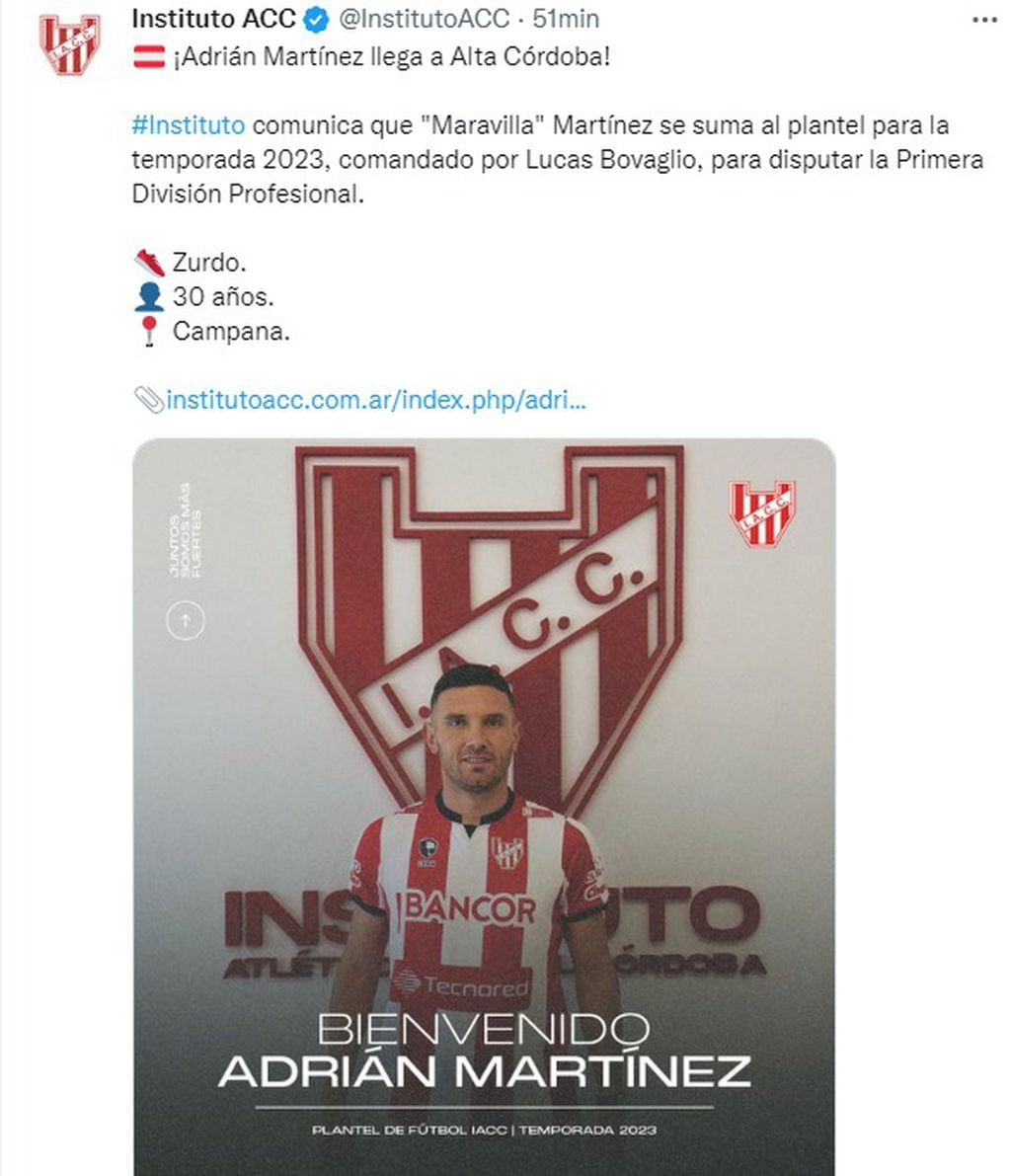 Adrián "Maravilla" Martínez. Sexto refuerzo para Instituto.