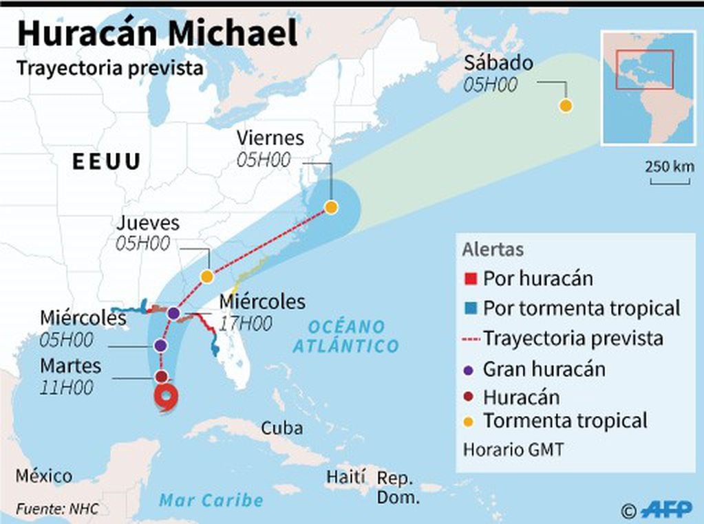 Localización y trayectoria prevista del huracán Michael que amenaza con golpear el sureste de EEUU. (AFP)