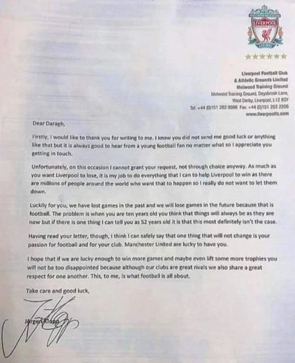 La respuesta de Jürgen Klopp a un hincha del Manchester United de 10 años.
