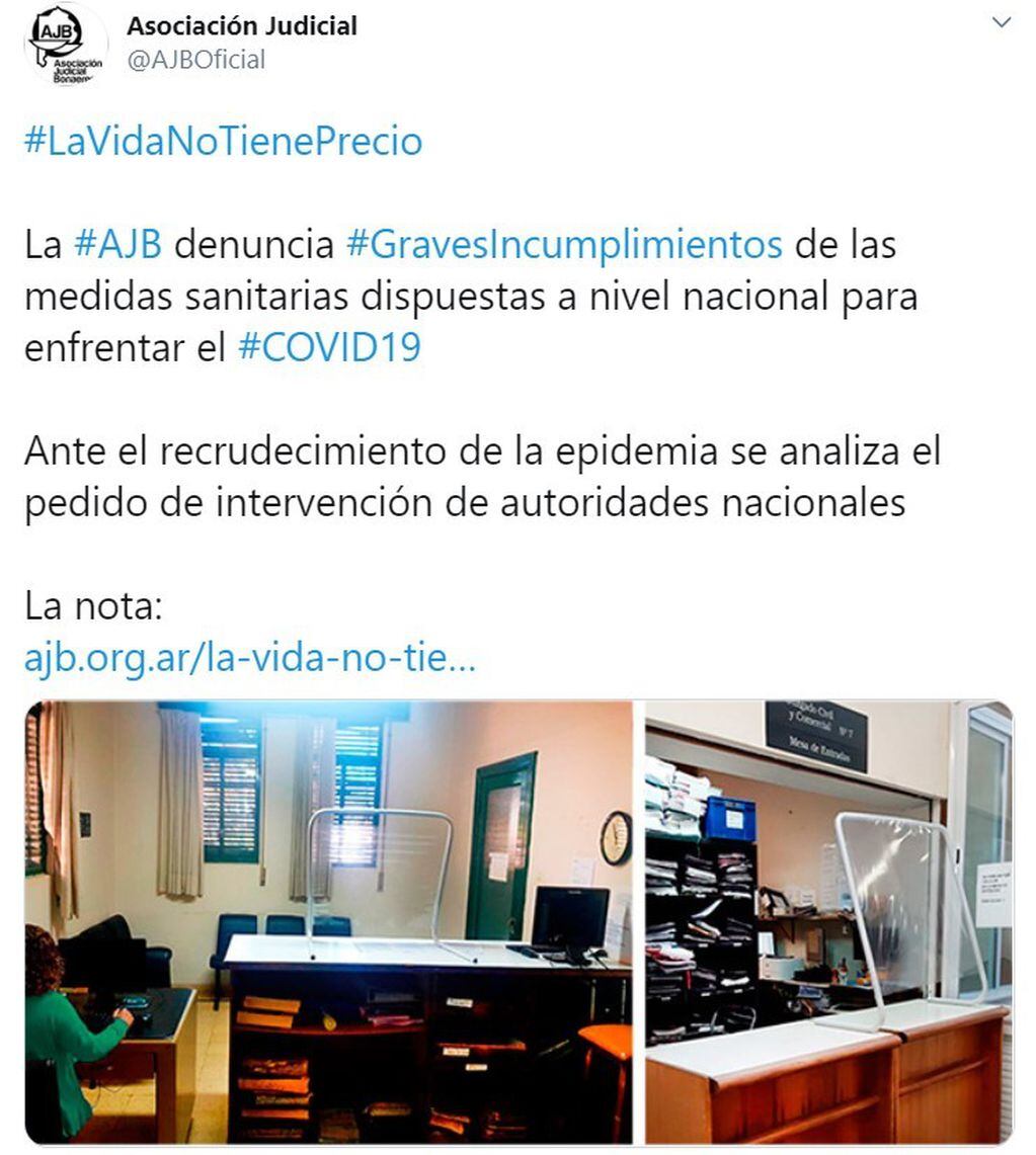 La publicación en Twitter de la Asociación Judicial Bonaerense (AJB).