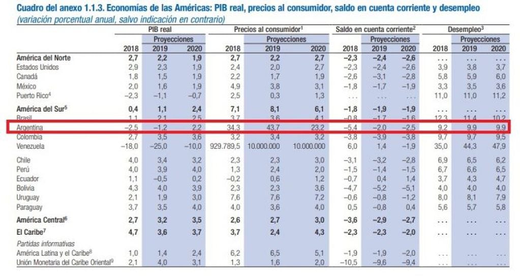 Proyecciones del FMI para Argentina en 2019. (Fondo Monetario Internacional)