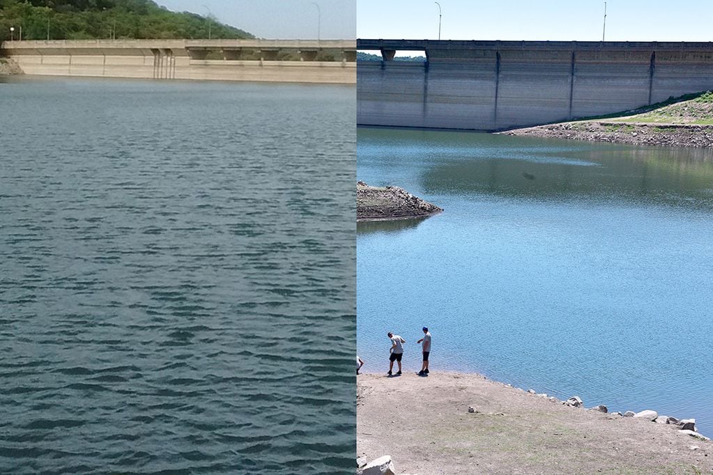 Dique La Quebrada. Antes y después de la sequía extrema que vive Córdoba. (Fotomontaje Martín Ferraro / La Voz)