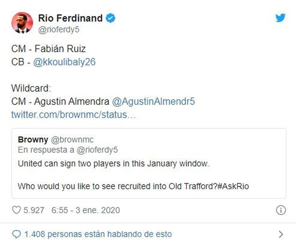 Rio Ferdinand opinó que Manchester United debería contratar a Almendra.